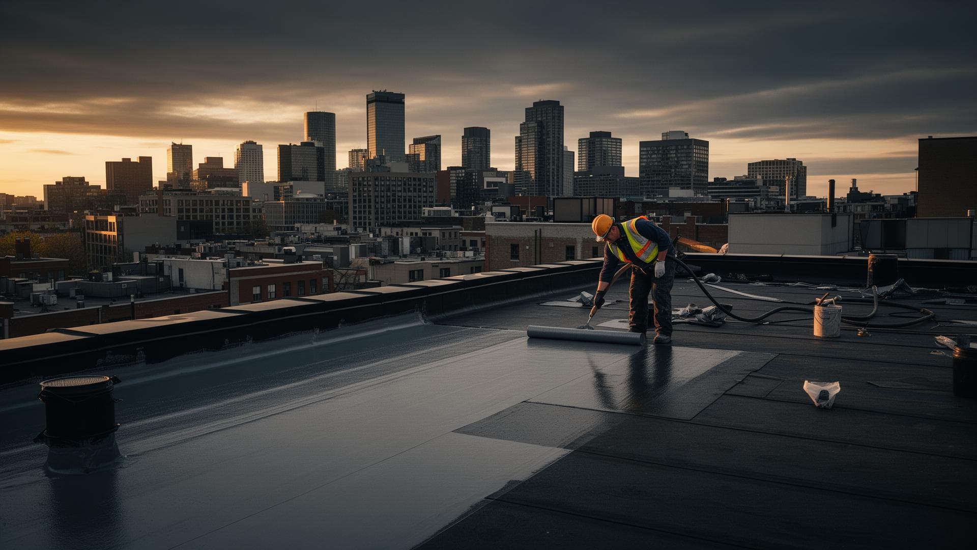 Couvreur professionnel appliquant une membrane élastomère sur un toit plat à Montréal
